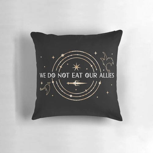 Officially licensed 'We Do Not Eat Our Allies - Fourth Wing' fantasy-themed pillow featuring characters and imagery from the book by Rebecca Yarros
