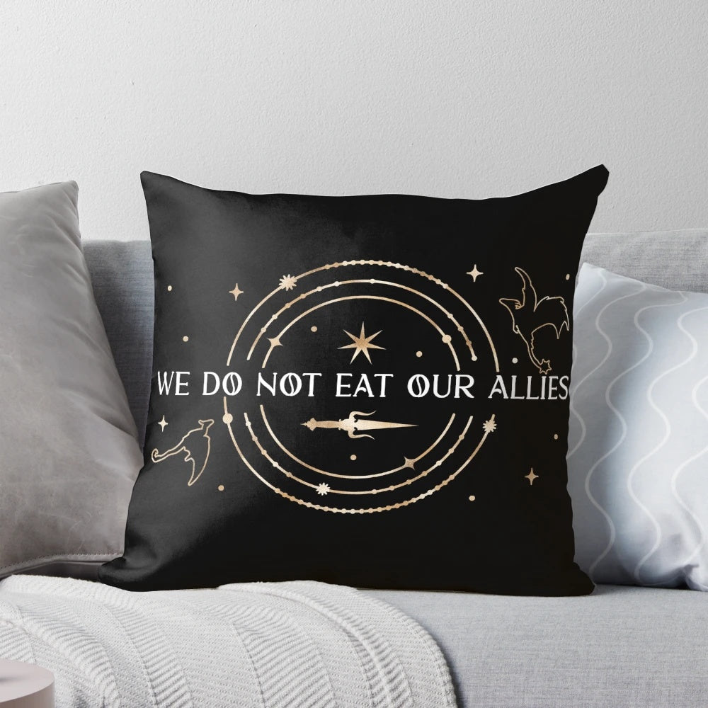 Officially licensed 'We Do Not Eat Our Allies - Fourth Wing' fantasy-themed pillow featuring characters and imagery from the book by Rebecca Yarros