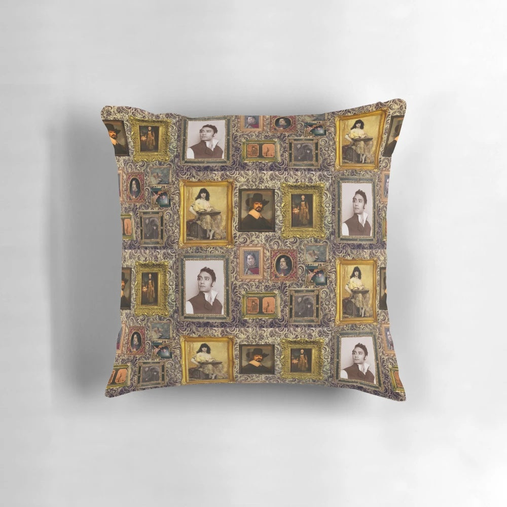 A decorative pillow featuring portraits of the vampire characters from the hit FX TV series "What We Do in the Shadows"
