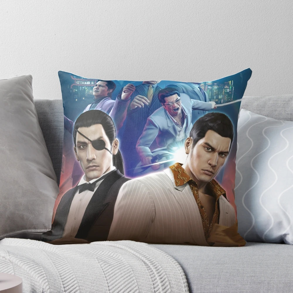 Yakuza 0 themed throw pillow featuring the game's iconic characters and logo