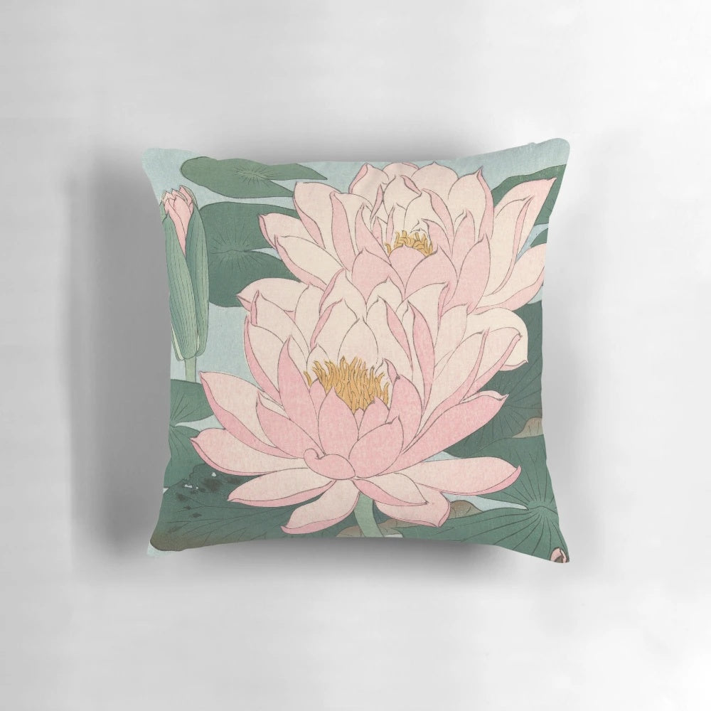 Vintage Japanese woodblock print of a flowering water lily by artist Ohara Koson, printed on a decorative throw pillow.