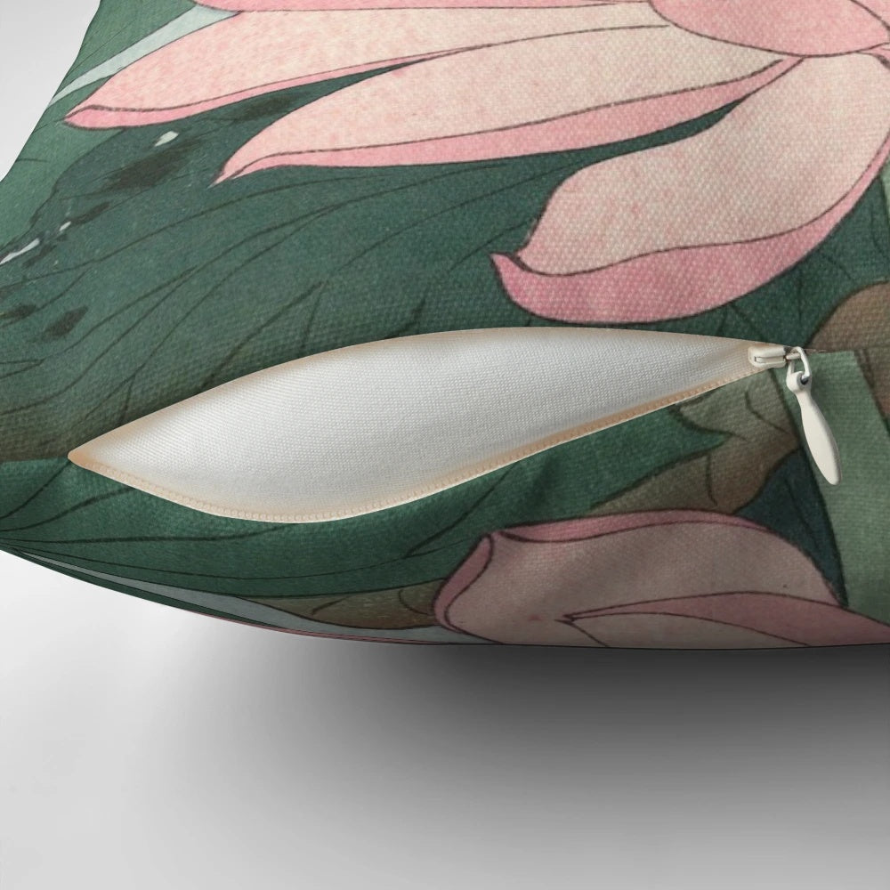Vintage Japanese woodblock print of a flowering water lily by artist Ohara Koson, printed on a decorative throw pillow.