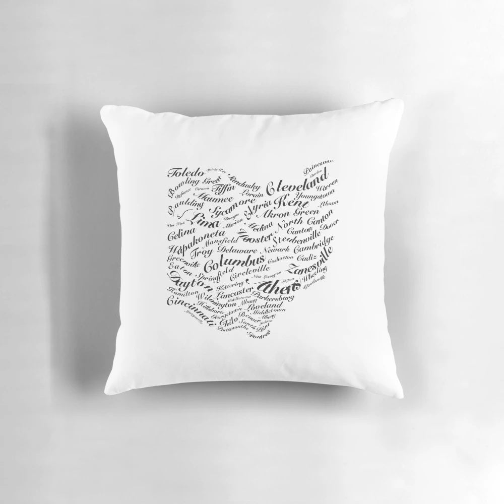Ohio map made with city names on a comfortable throw pillow