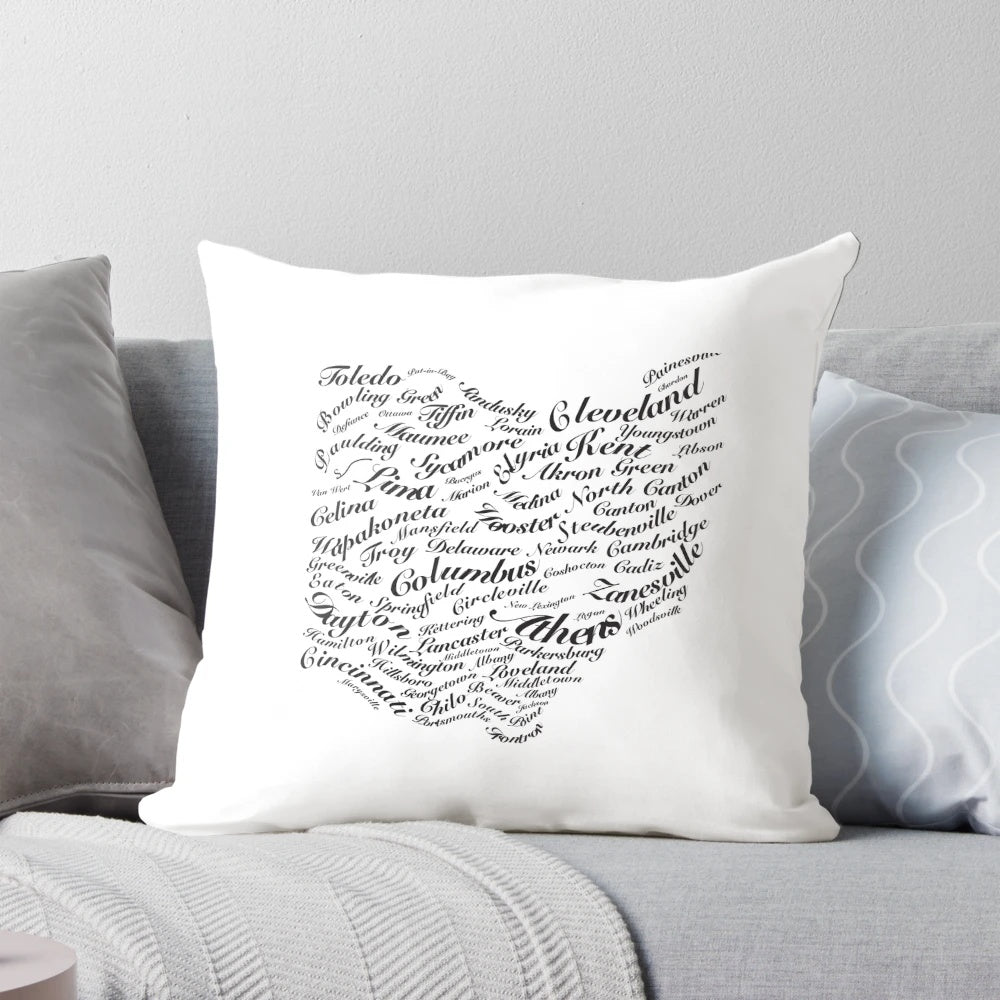 Ohio map made with city names on a comfortable throw pillow