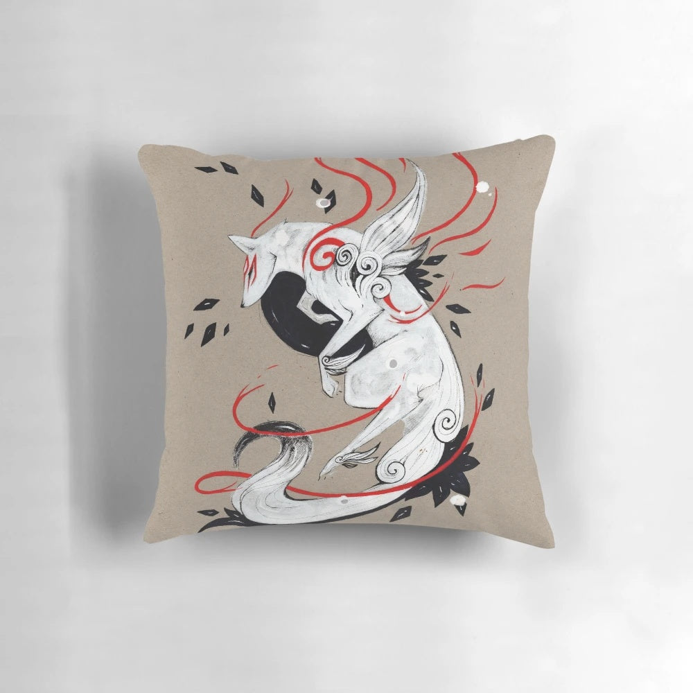 Okami Amaterasu Ribbons Decorative Throw Pillow featuring an anime-style wolf with Japanese ink-style artwork
