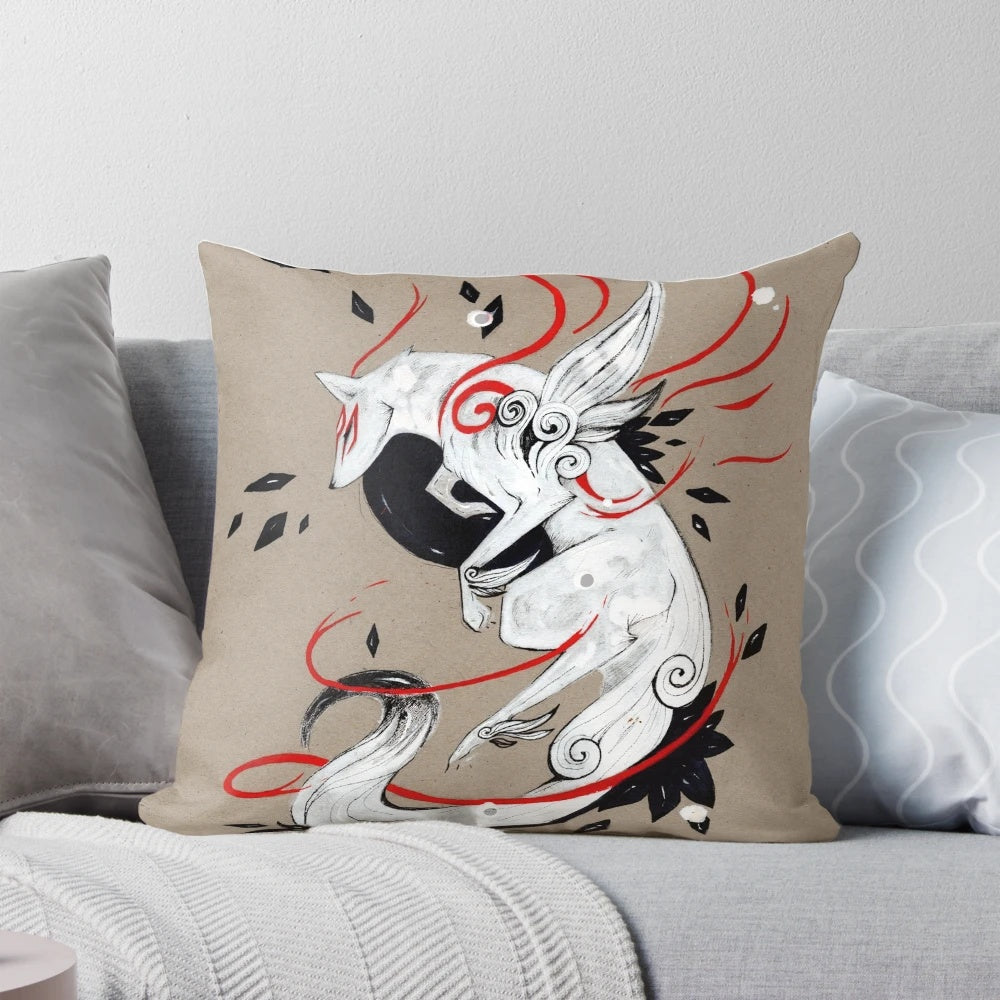 Okami Amaterasu Ribbons Decorative Throw Pillow featuring an anime-style wolf with Japanese ink-style artwork