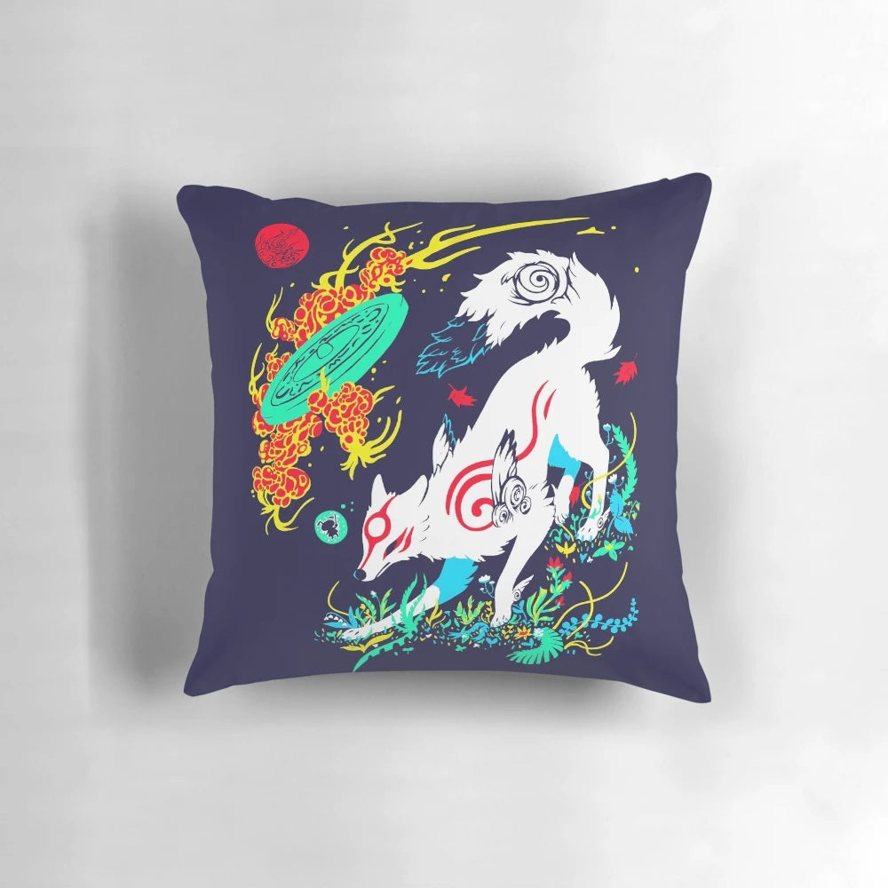 Okami Amaterasu White Wolf Pillow with Rising Sun Design