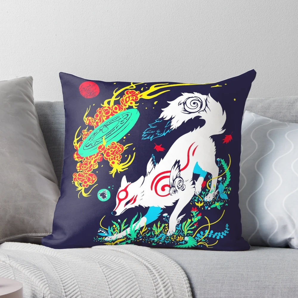Okami Amaterasu White Wolf Pillow with Rising Sun Design