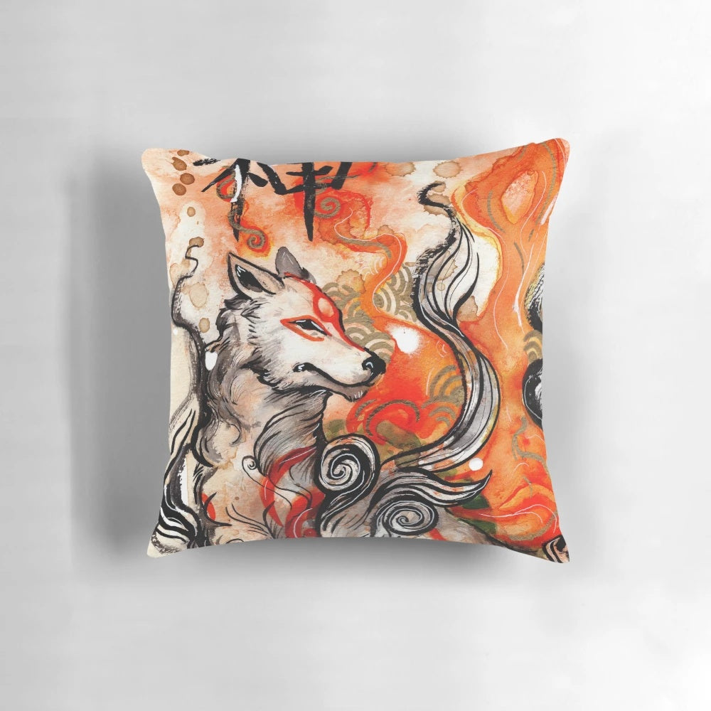 Okami Amaterasu wolf pillow with Japanese ink art design
