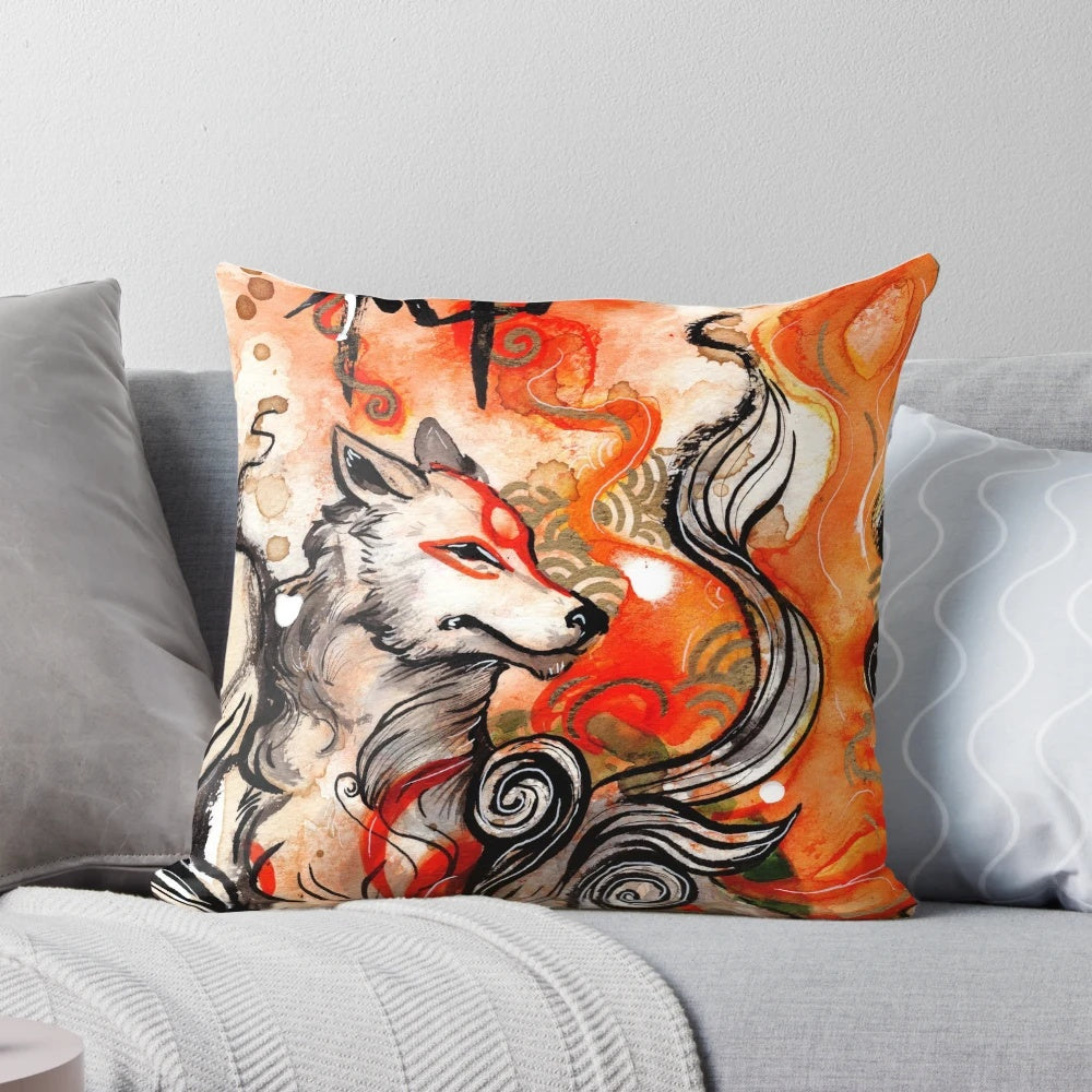 Okami Amaterasu wolf pillow with Japanese ink art design