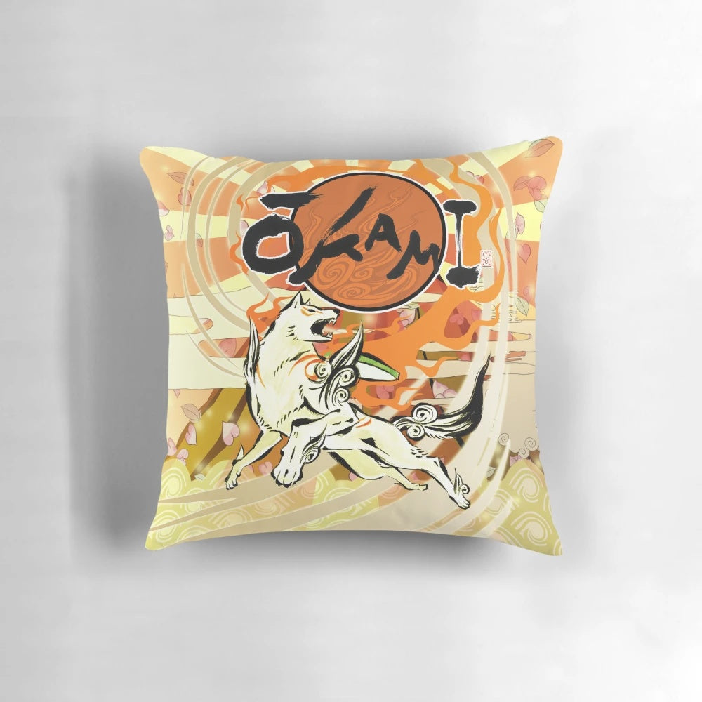 An Okami-inspired pillow design featuring Amaterasu, the wolf protagonist, in a sumi-e inspired style.