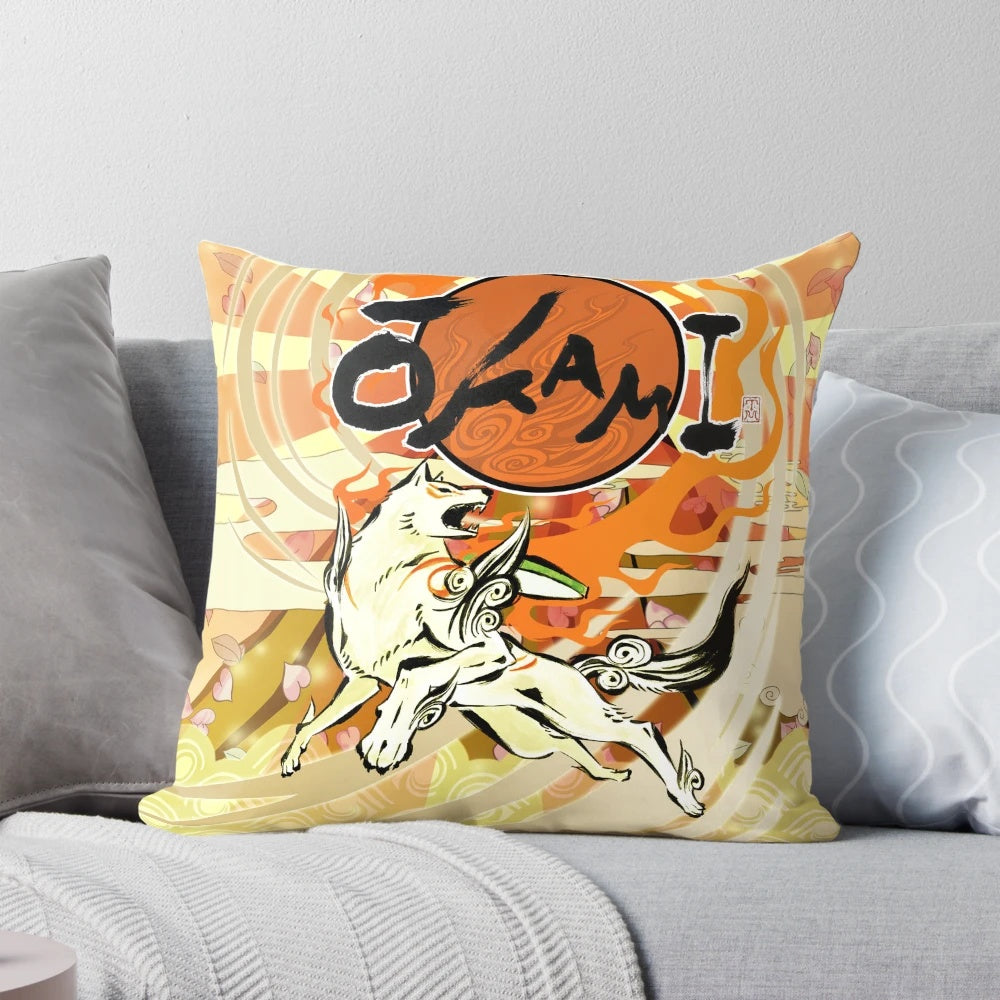 An Okami-inspired pillow design featuring Amaterasu, the wolf protagonist, in a sumi-e inspired style.