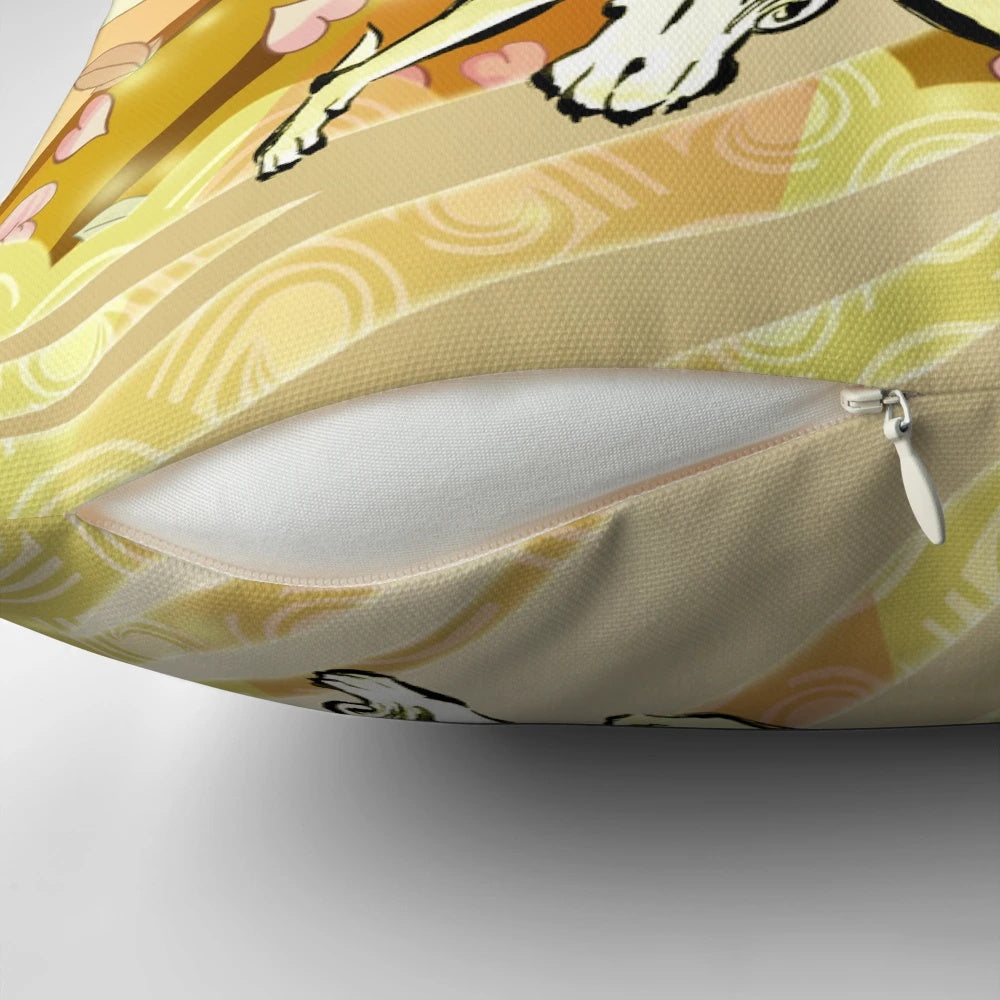An Okami-inspired pillow design featuring Amaterasu, the wolf protagonist, in a sumi-e inspired style.