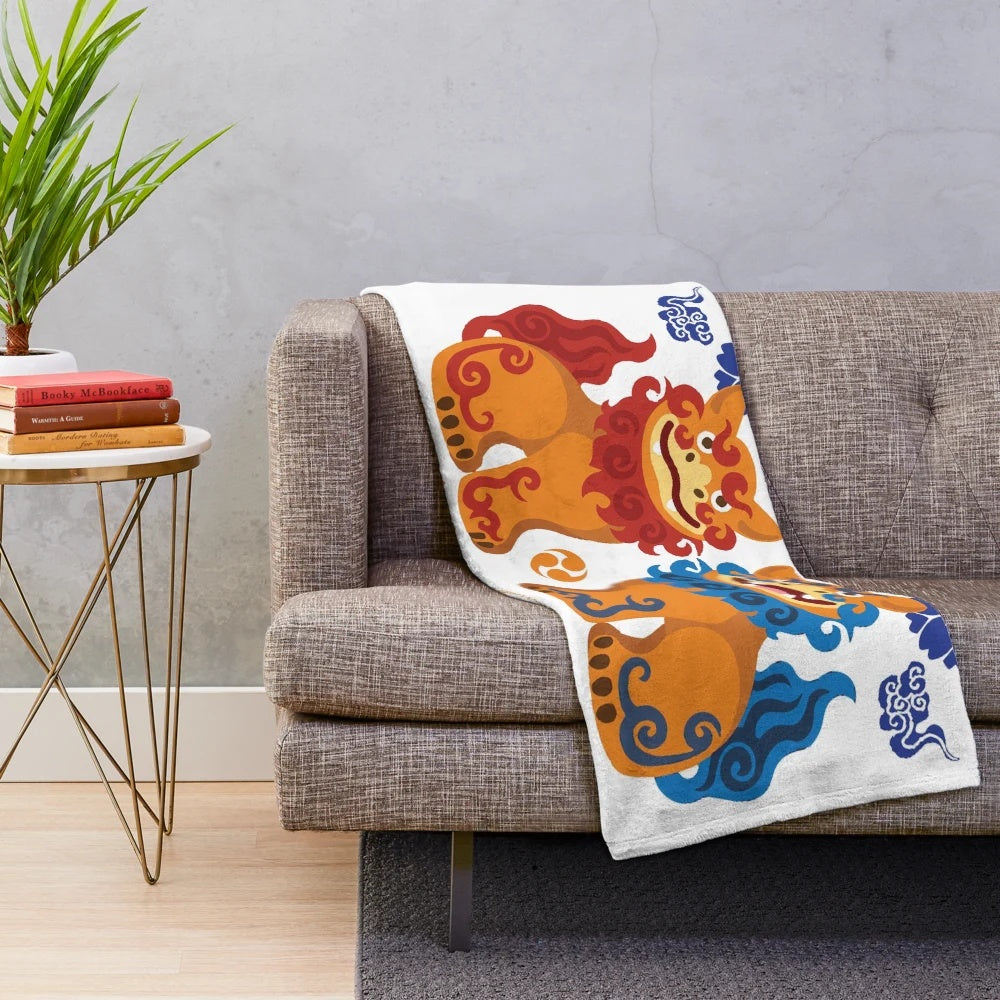 Okinawan Shisa Plush Blanket with Japanese Guardian Lion Design