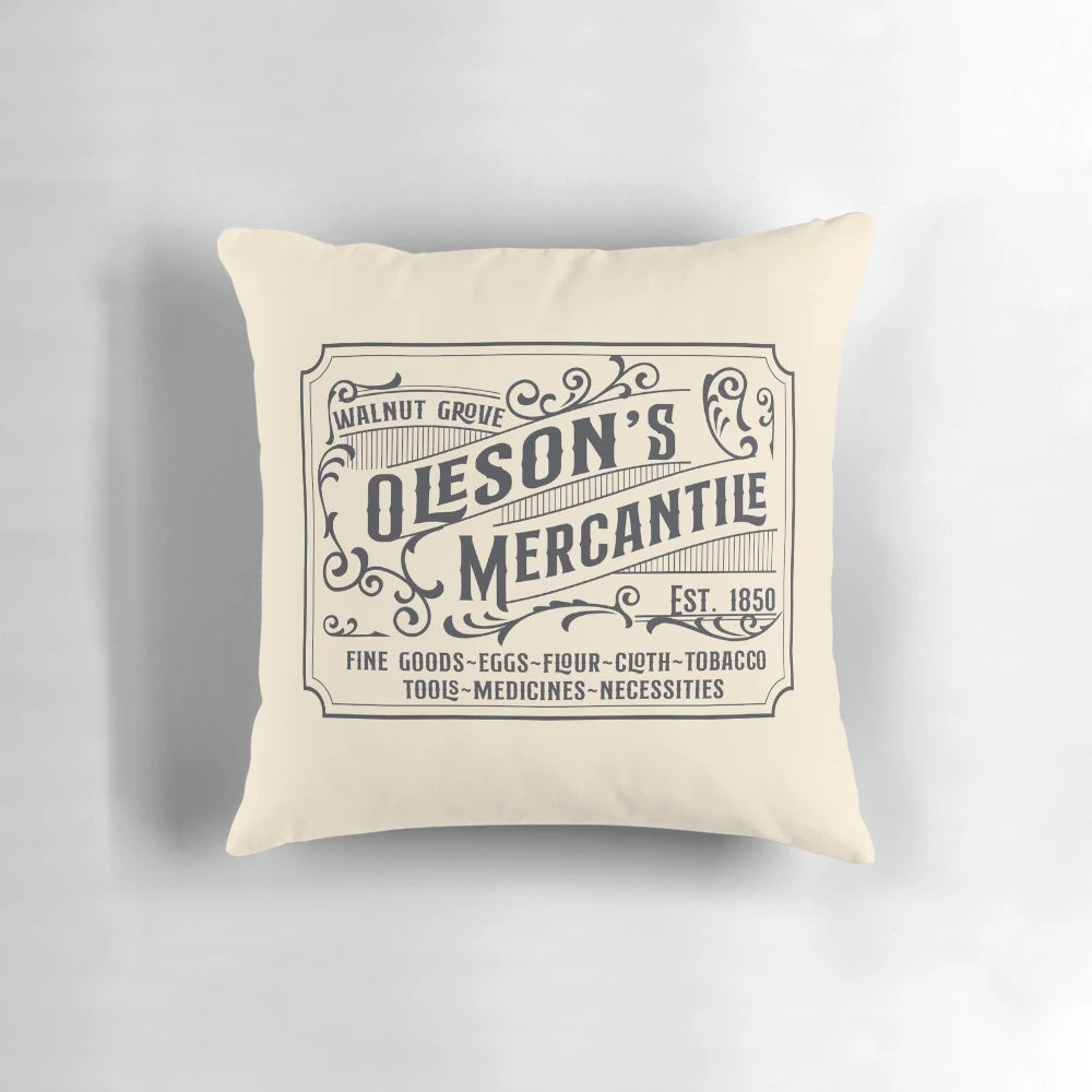 Oleson's Mercantile Little House Pillow featuring characters from the classic 80s TV show Little House on the Prairie