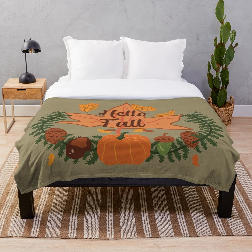 Olive plush blanket with fall leaf pattern design