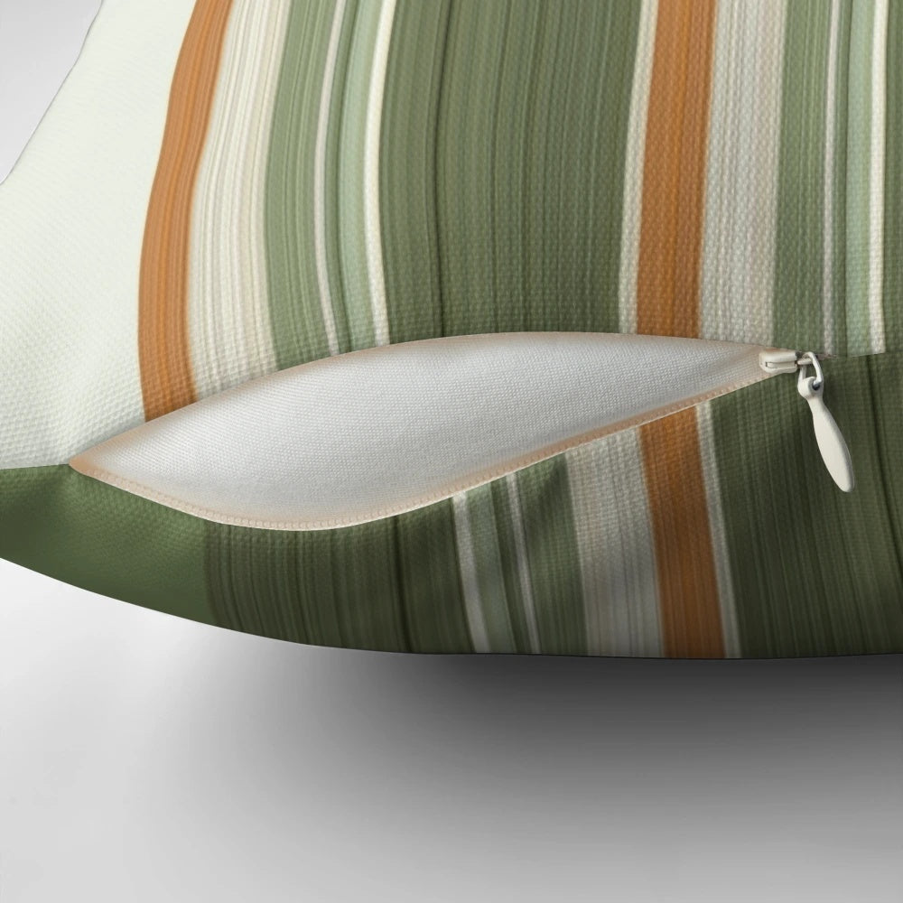 Olive green and sage striped pillow with minimalist design