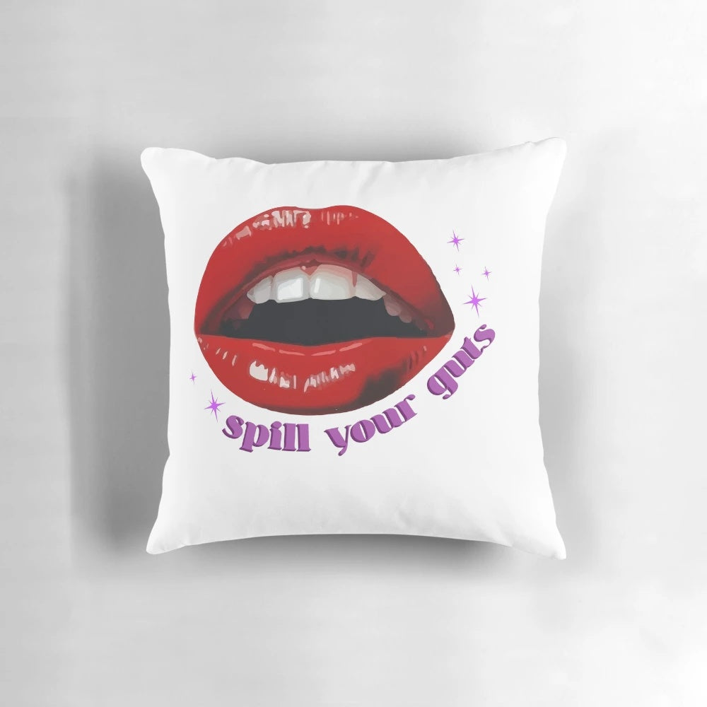 Olivia Rodrigo inspired 'Spill Your Taste' design printed on a purple grunge-style pillow