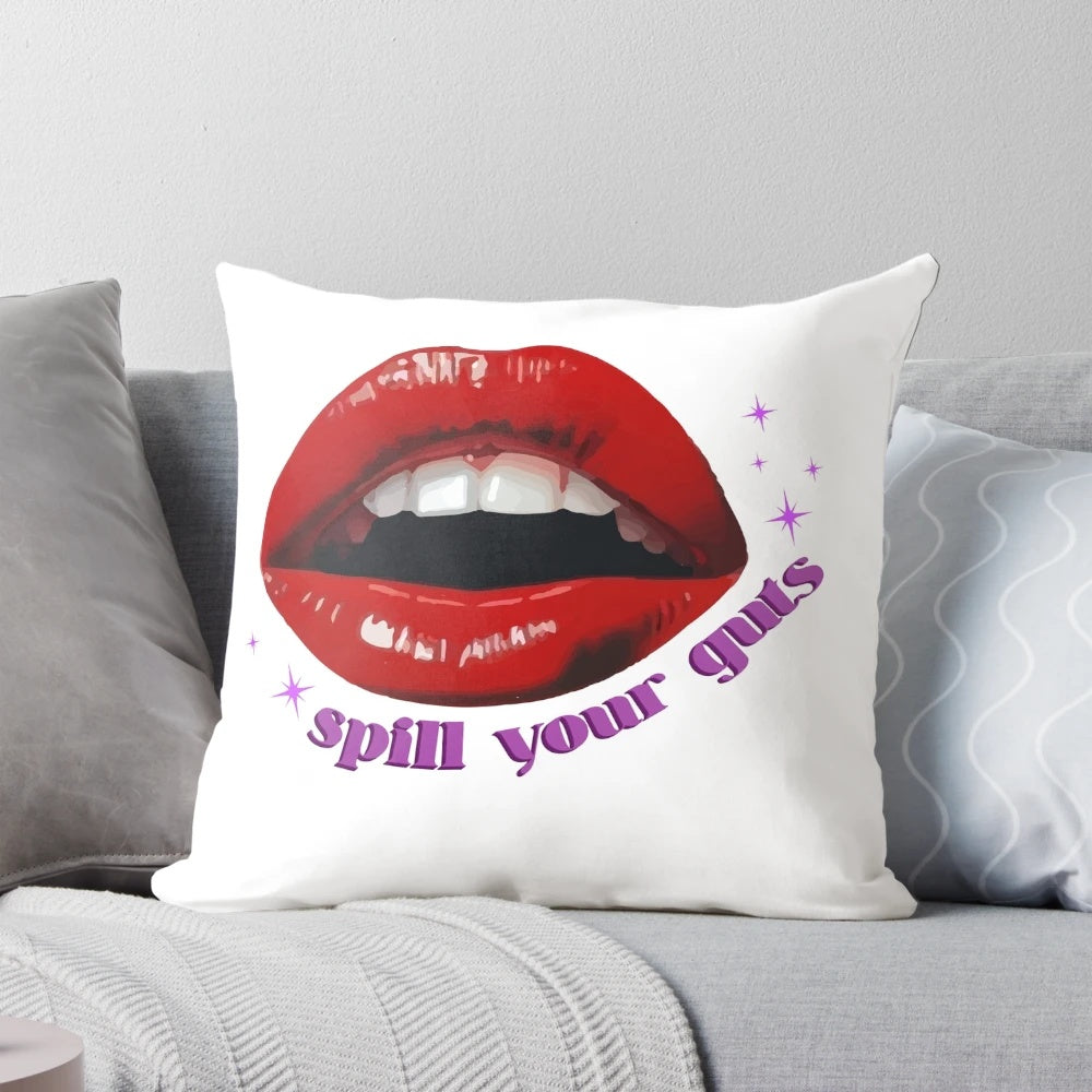Olivia Rodrigo inspired 'Spill Your Taste' design printed on a purple grunge-style pillow