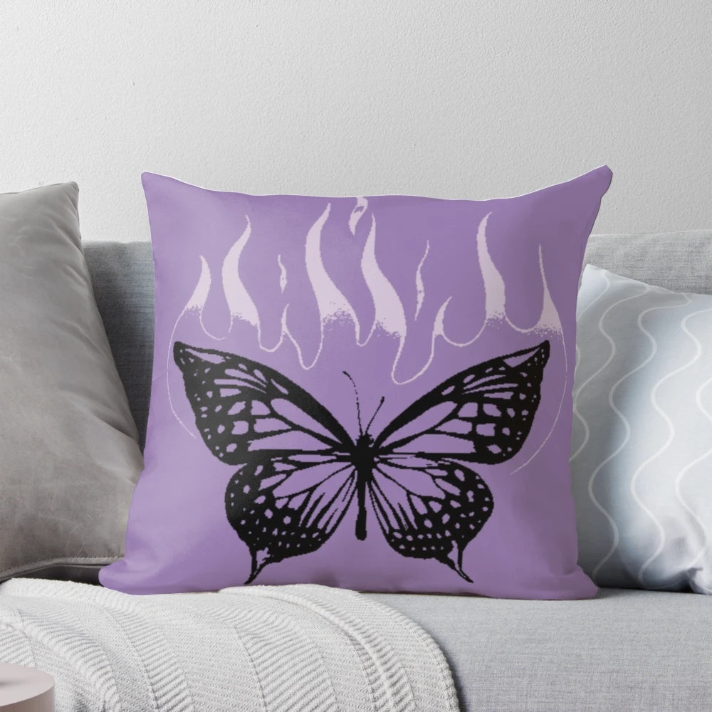 Throw pillow featuring a butterfly on fire design inspired by Olivia Rodrigo's SOUR album