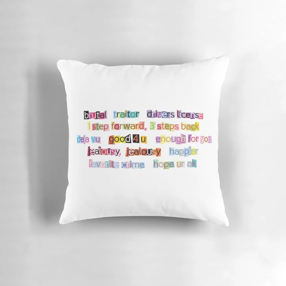 Sour Song Titles Pillow featuring lyrics from Olivia Rodrigo's album "Sour