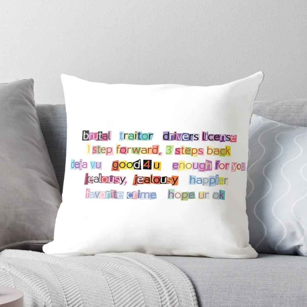 Sour Song Titles Pillow featuring lyrics from Olivia Rodrigo's album "Sour