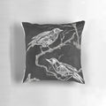 A black and white pillow design featuring a skeleton and birds, conveying a sense of melancholy and forgetfulness.