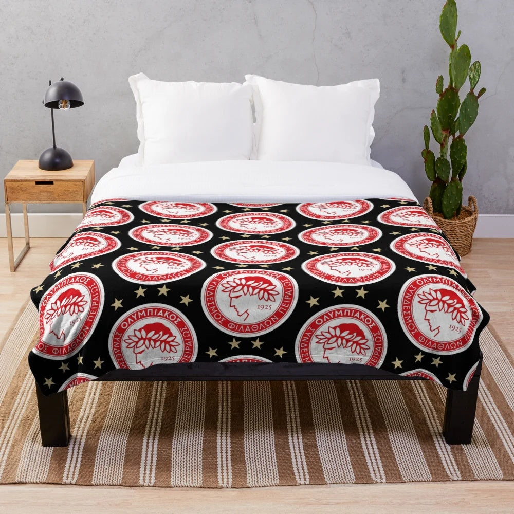 Olympiakos FC inspired plush blanket in red and white colors