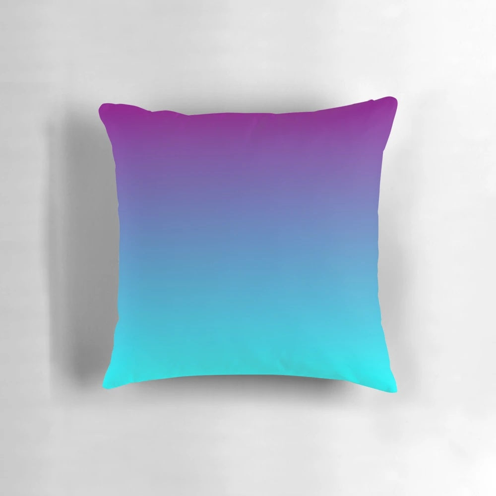 Turquoise and purple ombre gradient pillow with a minimalist, aesthetic design