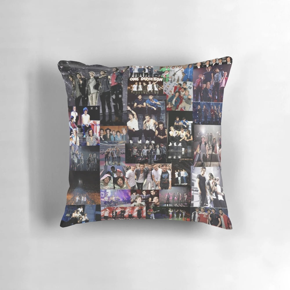 One Direction themed decorative pillow with the boy band's logo