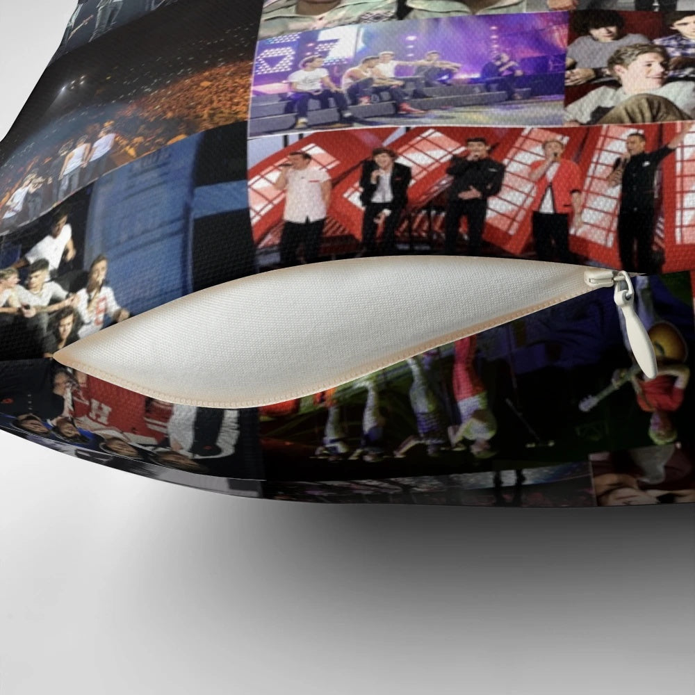 One Direction themed decorative pillow with the boy band's logo