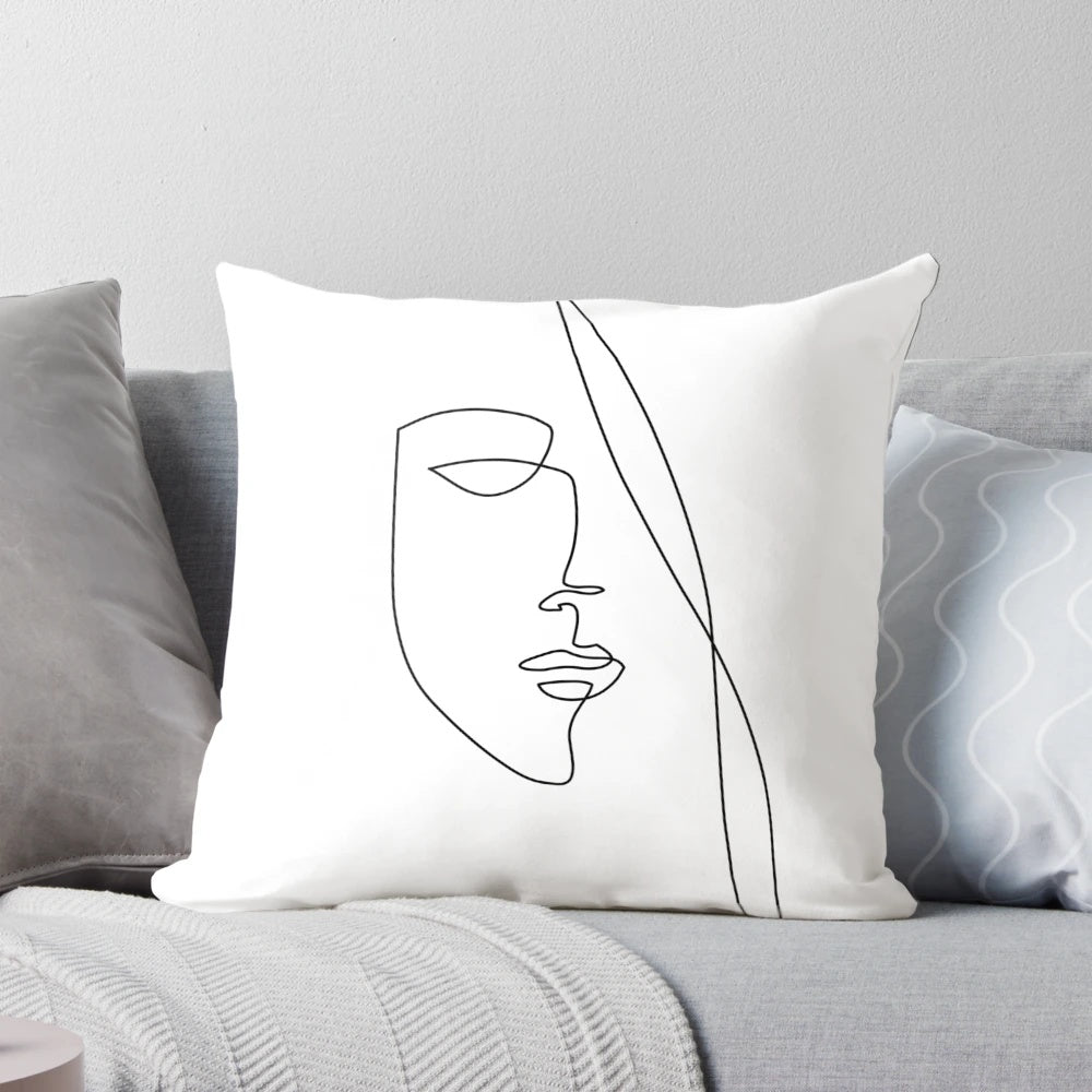 Elegant one line art sketch of a face on a black and white abstract pillow