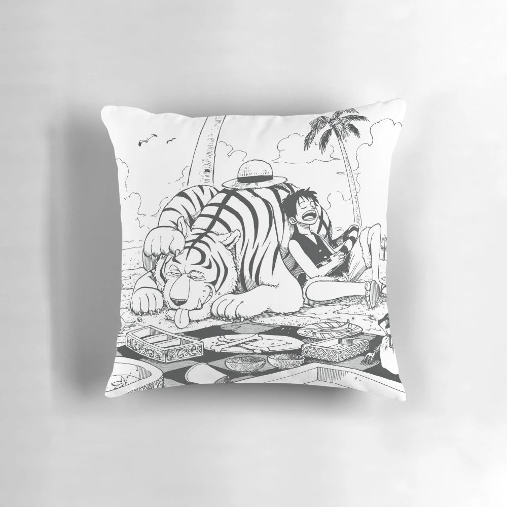 Soft, cozy One Piece anime pillow featuring Monkey D. Luffy and a tiger design for a serene, kawaii home decor.