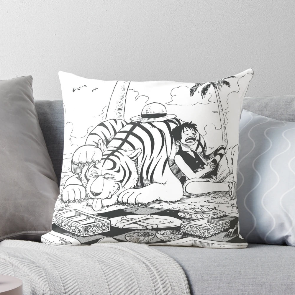 Soft, cozy One Piece anime pillow featuring Monkey D. Luffy and a tiger design for a serene, kawaii home decor.