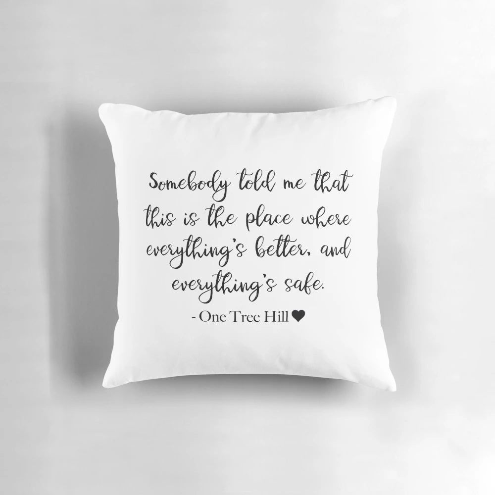 One Tree Hill "Somebody Told Me" decorative throw pillow featuring the iconic Karen's Cafe and characters