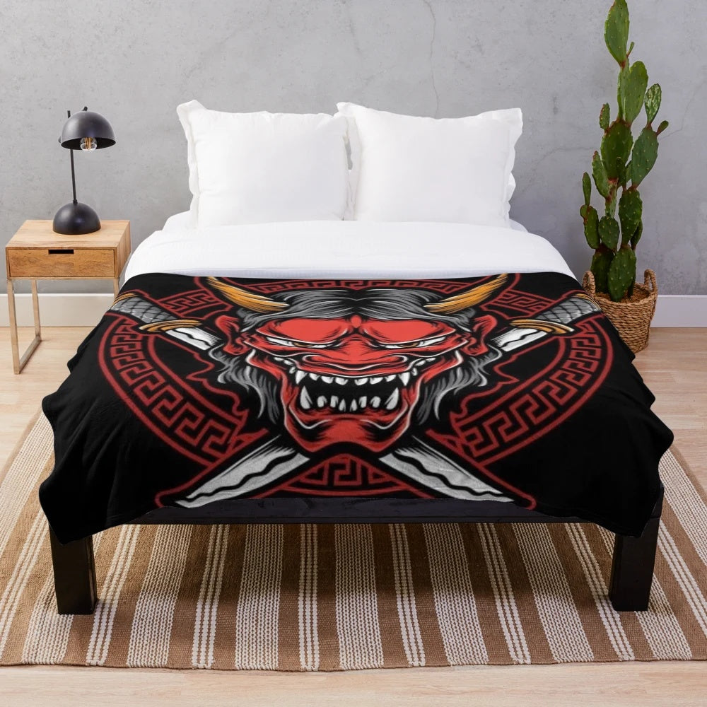 Oni mask-themed plush blanket featuring Japanese cultural art