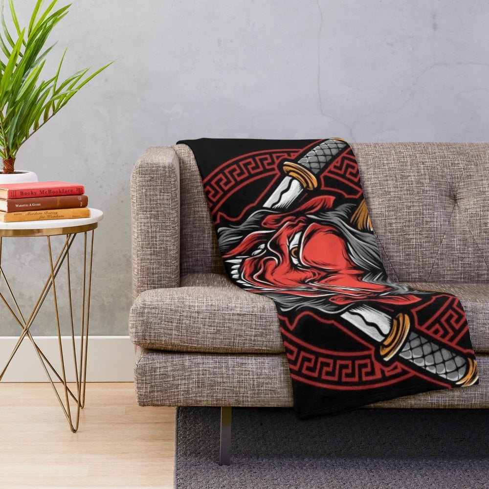 Oni mask-themed plush blanket featuring Japanese cultural art