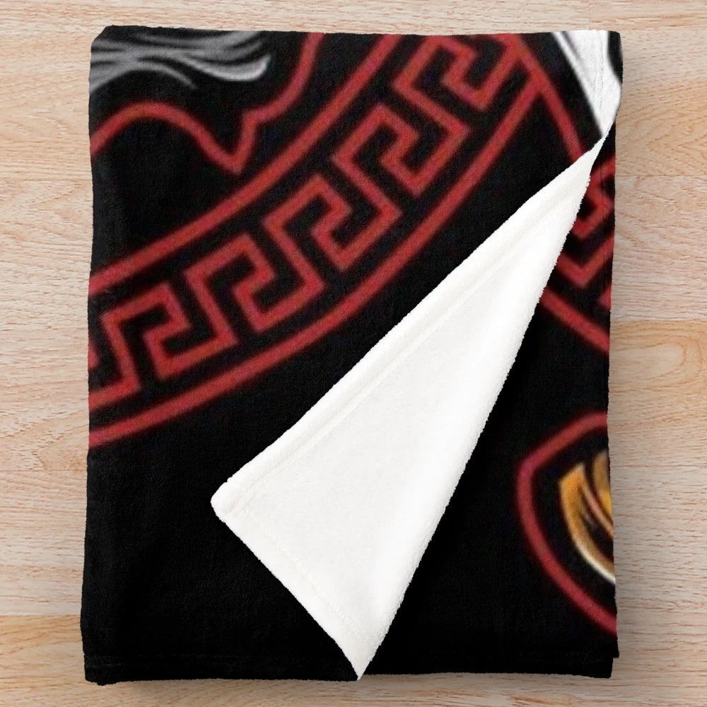 Oni mask-themed plush blanket featuring Japanese cultural art