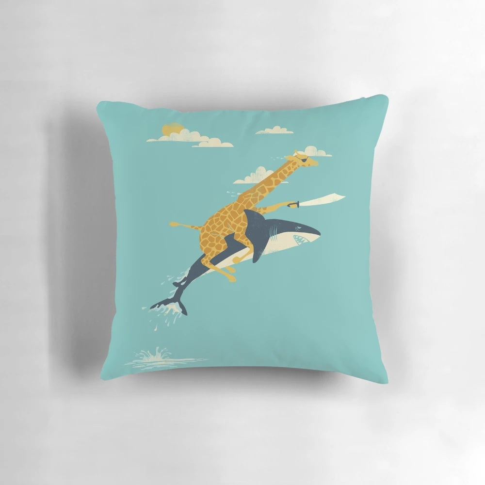Onward decorative pillow with giraffe and shark design