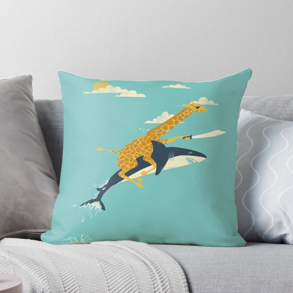 Onward decorative pillow with giraffe and shark design