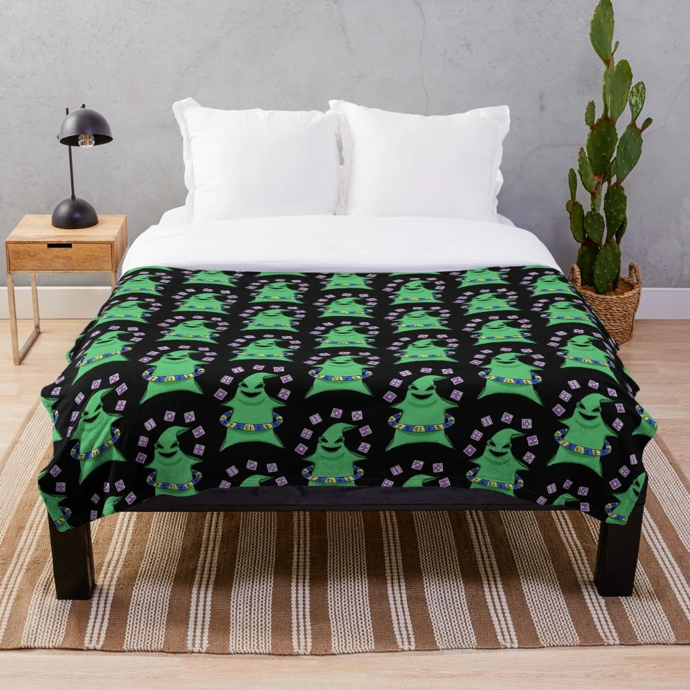 Oogie Boogie themed plush blanket with dice and fitness imagery