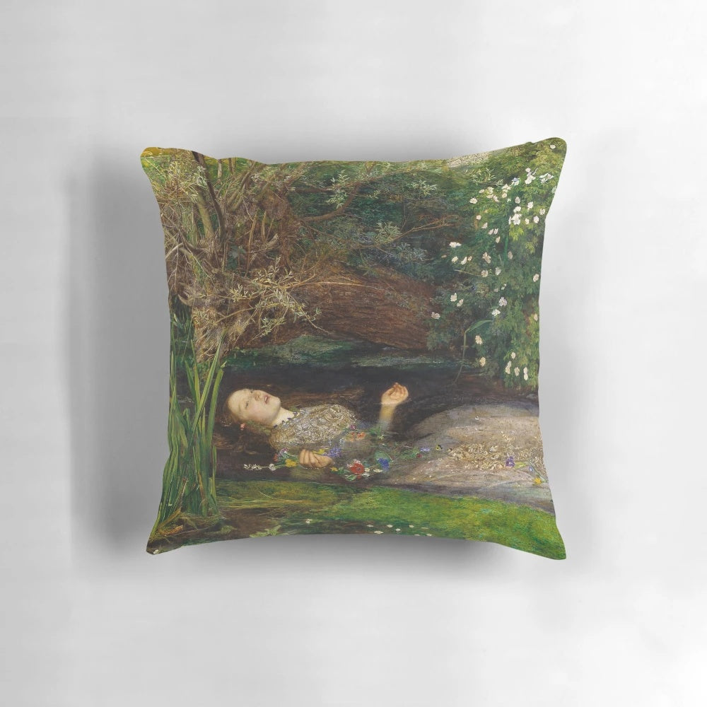 Ophelia Pre-Raphaelite painting by John Everett Millais printed on a high-quality pillow.