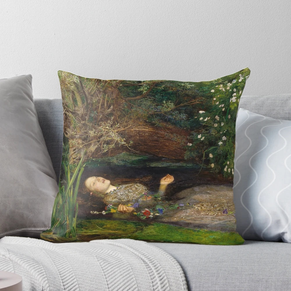 Ophelia Pre-Raphaelite painting by John Everett Millais printed on a high-quality pillow.