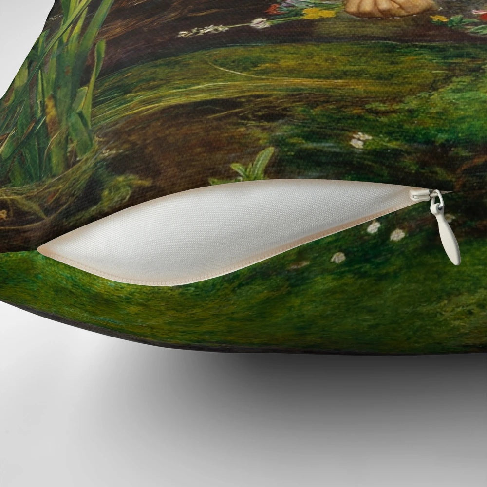 Ophelia Pre-Raphaelite painting by John Everett Millais printed on a high-quality pillow.