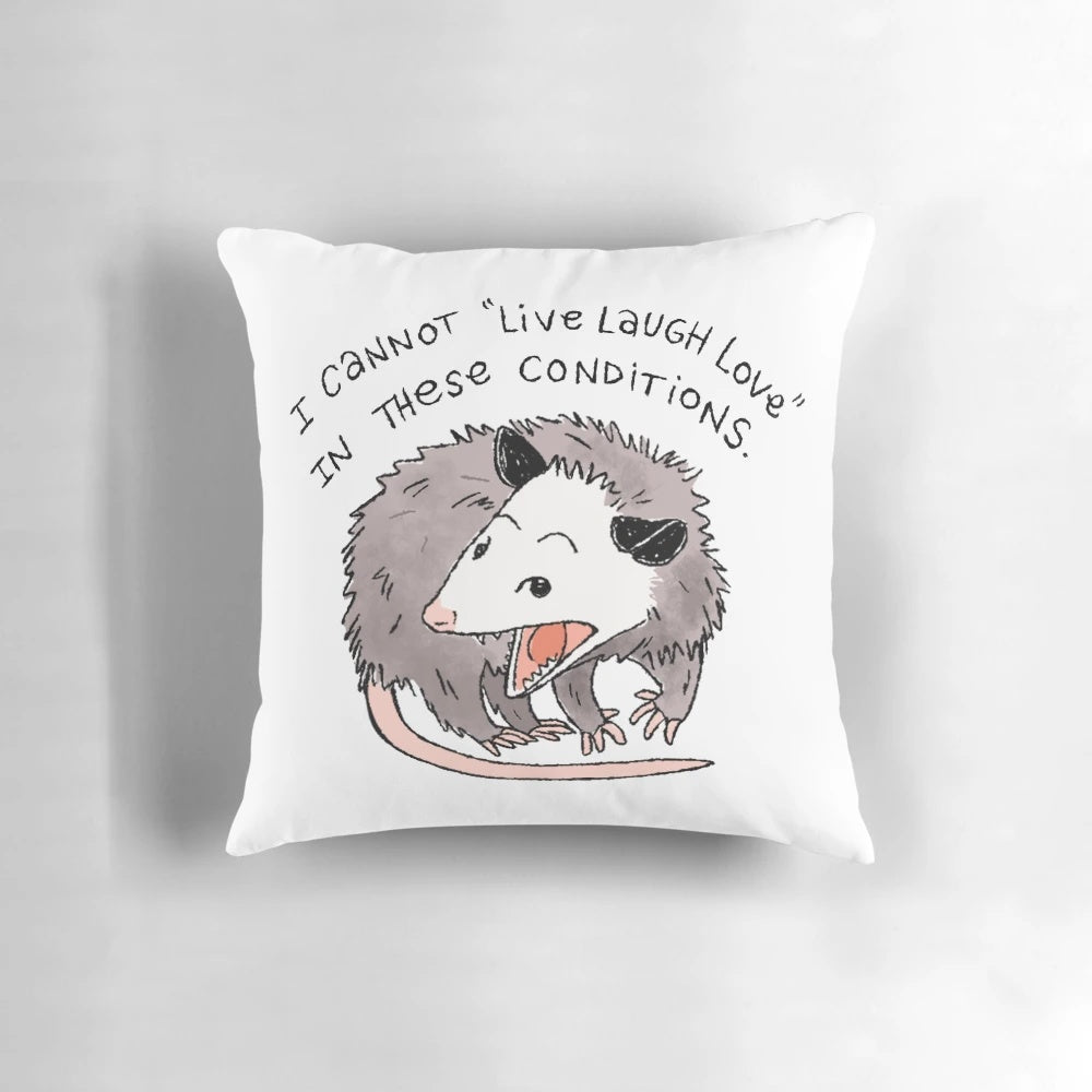Opossum themed decorative pillow with "Live Laugh Love" text