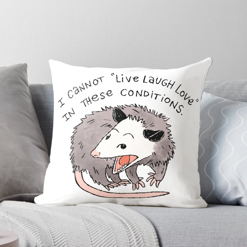Opossum themed decorative pillow with "Live Laugh Love" text