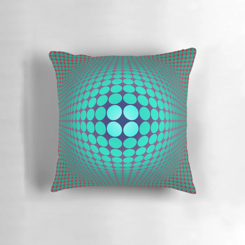 Optical illusion op art pillow featuring a vibrant abstract geometric pattern in red and orange hues