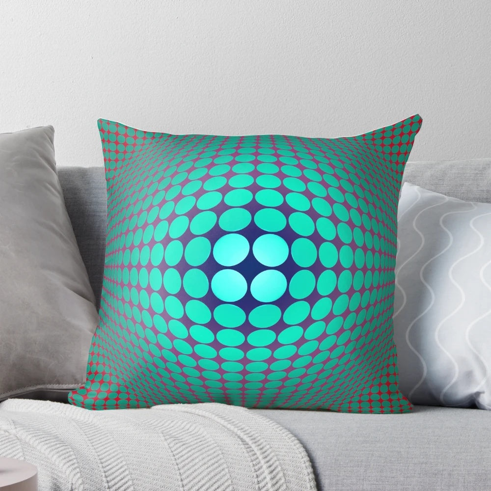 Optical illusion op art pillow featuring a vibrant abstract geometric pattern in red and orange hues