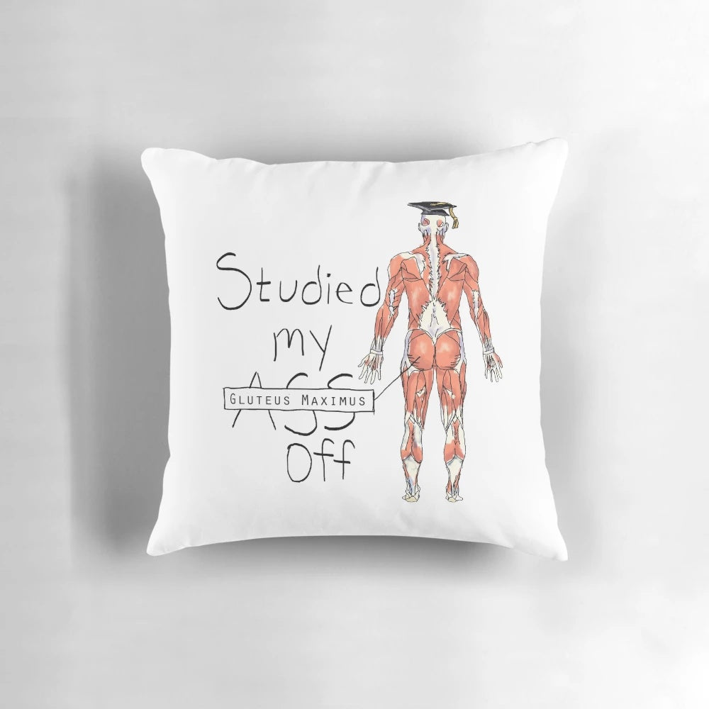 A supportive pillow designed to alleviate discomfort from prolonged sitting for medical students and graduates.