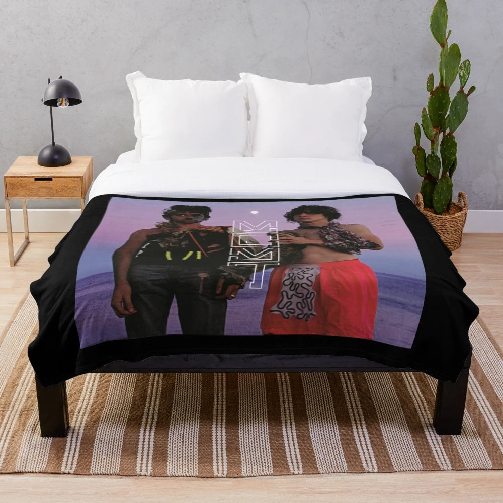 Oracular Spectacular inspired plush blanket featuring MGMT band logo and album artwork